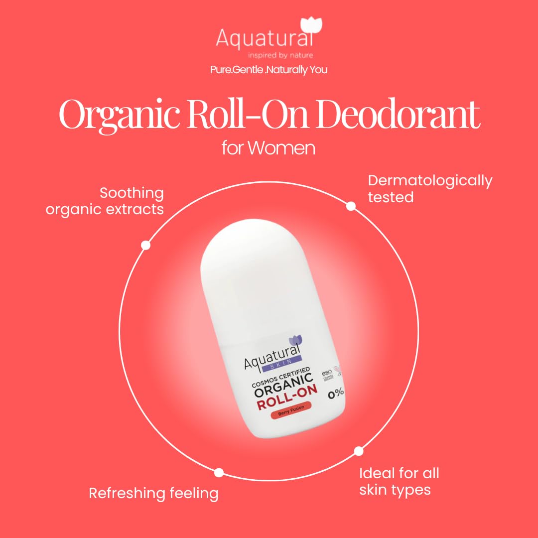Aquatural Organic Deodorant Women & Men Roll On, Natural Formula for Sensitive Skin, Long-Lasting Odor Protection, Berry Fusion Scent 2.53 Fl Oz Beauty and Personal Care Aquatural