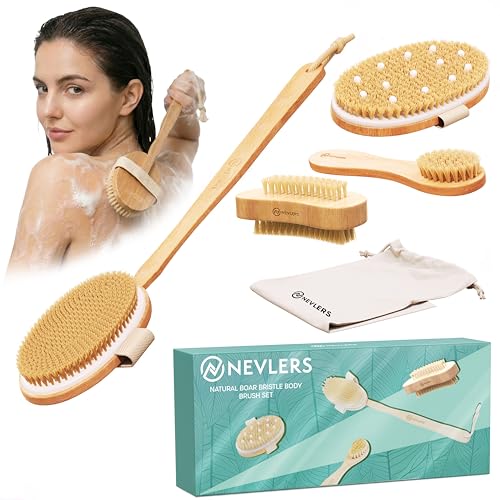Nevlers 5-Pack Natural Boar Bristle Wood Dry Brush Set for Skin Exfoliation Beauty and Personal Care Nevlers