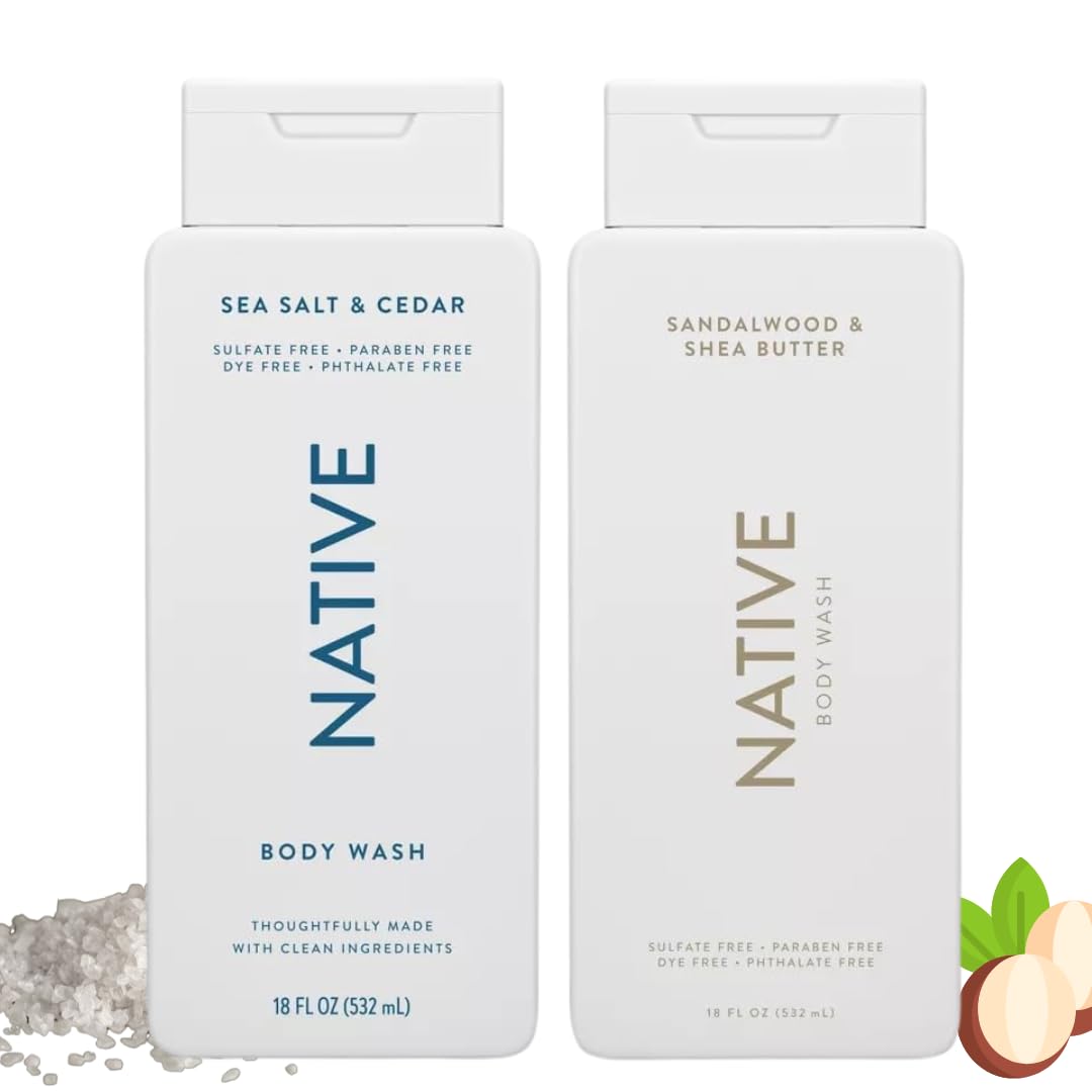 Native Body Wash, 2 Pack - Sandelwood and Shea Butter & Sea Salt and Cedar 18oz Clean Body Cleanser, Sulfate-Free, Paraben-Free Formula for All Skin Beauty & Personal Care Native