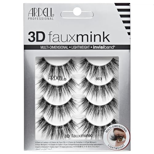 Ardell 3D Faux Mink Lashes 863 - Multi-Dimensional False Eyelashes Natural Look Strip Wispy Lashes, 4 Pairs