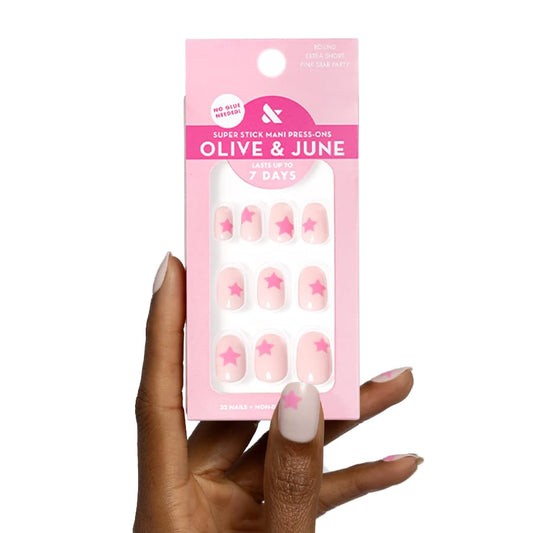 Olive & June Super Stick Press-On Nails, Pink Star Party