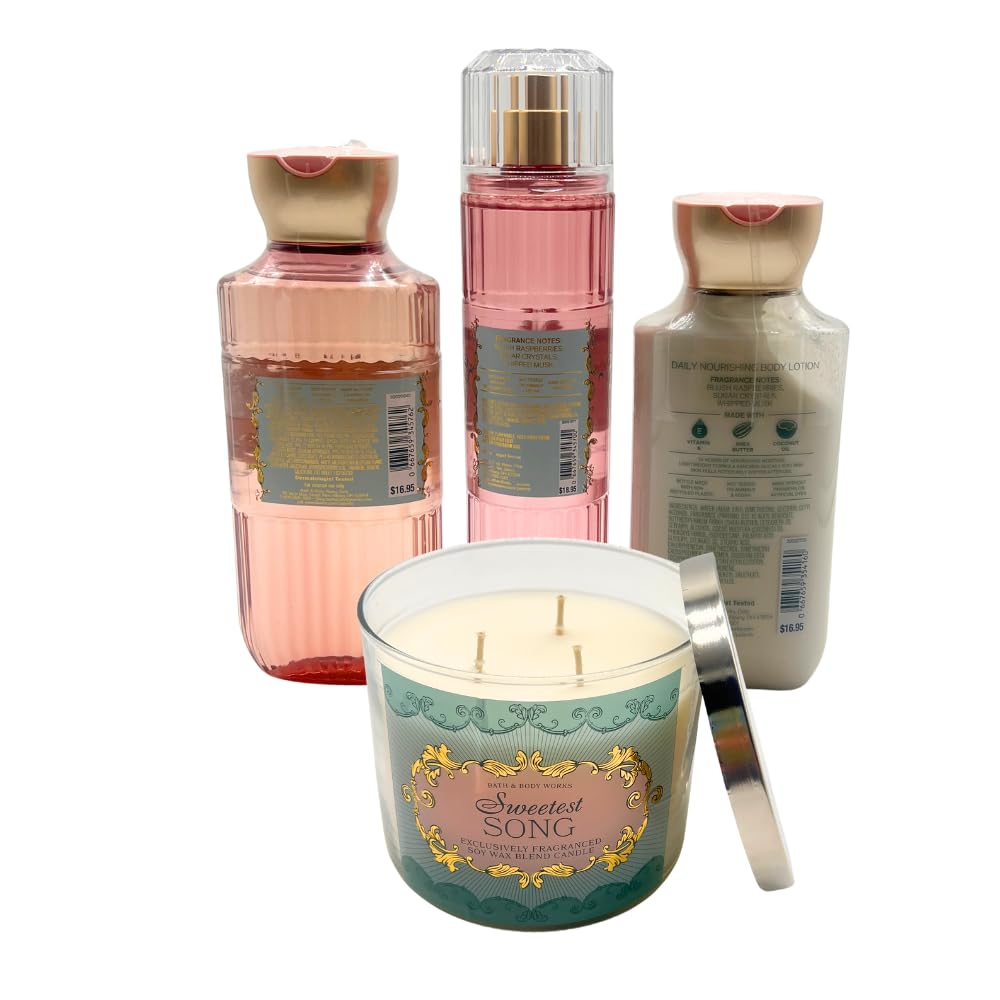 Bath & Body Works SWEETEST SONG 4-piece Deluxe Gift Set - Fine Fragrance Mist, Body Wash, Body Lotion & 3-wick Scented Candle with Pink Tote Bag Beauty and Personal Care Bath & Body Works