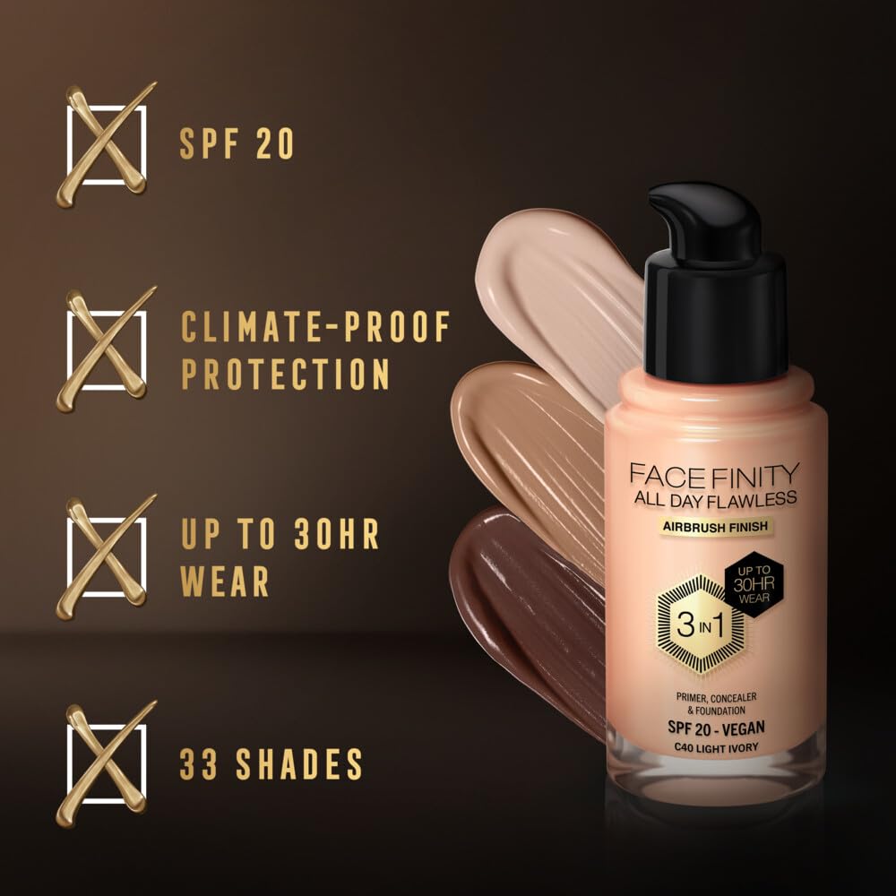 Max Factor Facefinity All Day Flawless 3 In 1 Foundation SPF 20, No. 40 Light Ivory