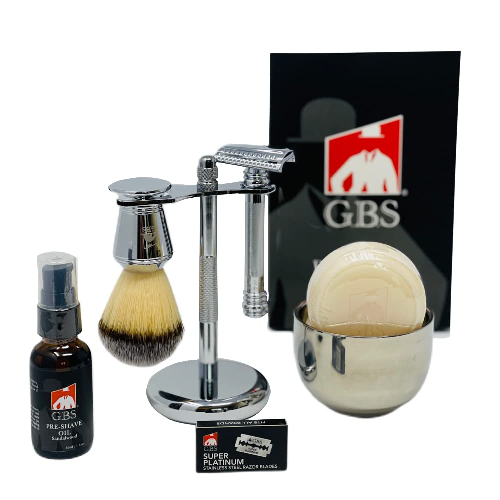 G.B.S Slant Safety Razor Shaving Set - Chrome -39 Stubble Remover, Shaving Brush & Slanted Razor, Stand, Bowl Soap + 10 Sharp Blades Effortless Glide Beauty and Personal Care G.B.S
