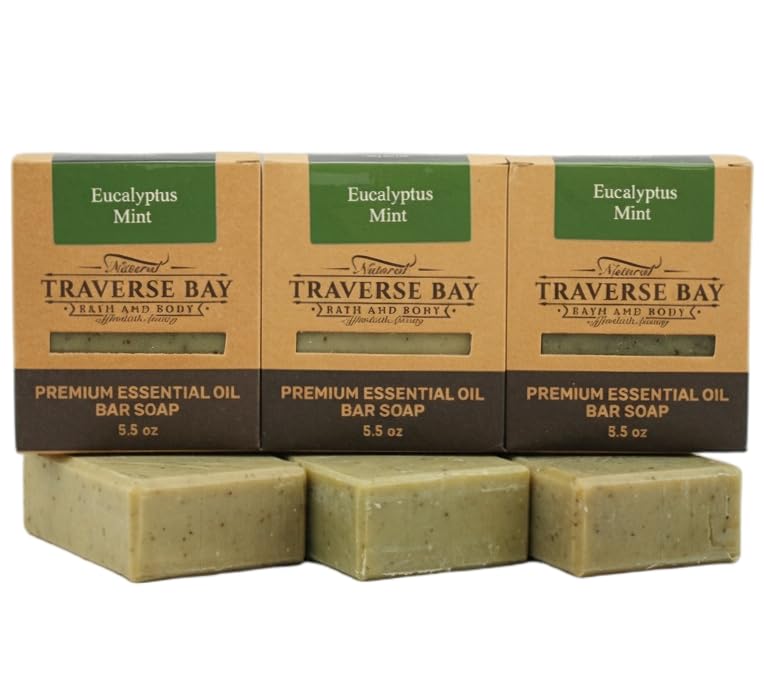 Traverse Bay Bath and Body- All natural handmade cold process bar soap, Eucalyptus and Peppermint, made in the USA, essential oils. 3 bar pack 15 + Beauty & Personal Care Traverse Bay Bath and Body