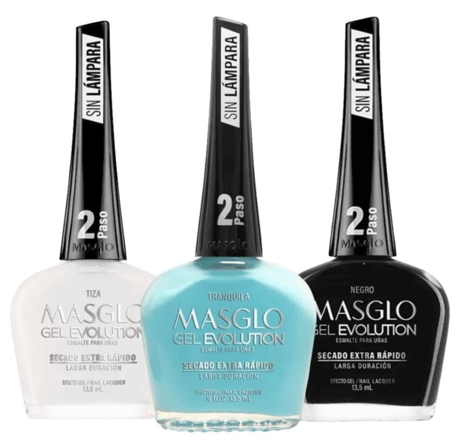 MASGLO Evolution Nail Polish Gel Effect, No UV/LED Lamp Required, Lasts Up To 12 Days, 3 Piece Set - Tranquila, Tiza, Negro