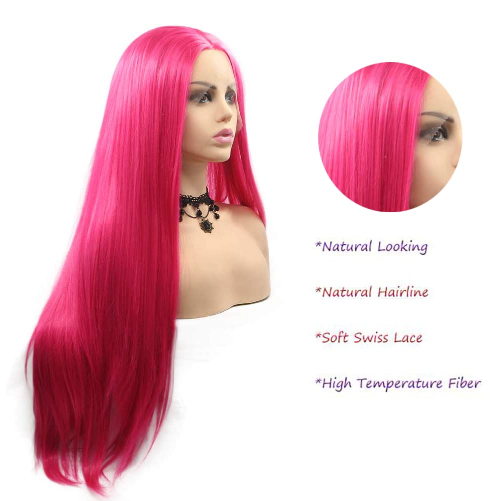Kalisa Rose Lace Front Wigs for Women Long Straight Rose Red Nature Hairline Wig Heat Resistant Fiber Premium Glueless Wig for Cosplay Party 24’’