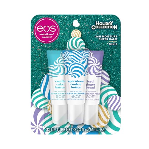 eos Holiday 24H Moisture Mini Super Balm Set- Speculoos Cookie Butter, Iced Gingerbread, Vanilla Cake Batter, Limited-Edition Lip Care, Stocking Beauty & Personal Care eos