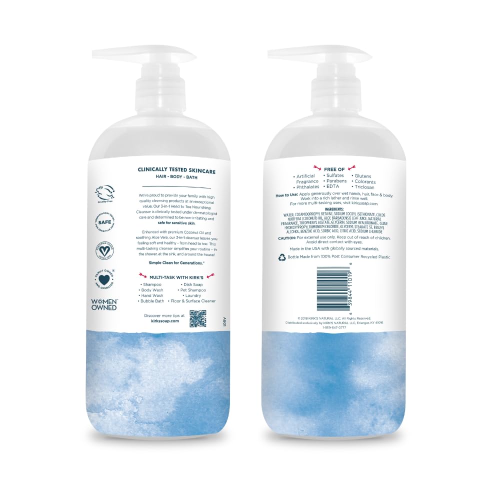 Kirk's 3-in-1 Head to Toe Nourishing Liquid Cleanser- for Men, Women & Children - Premium Coconut Oil & Aloe Vera- Non GMO & Vegan -Original Fresh Beauty & Personal Care Kirk's
