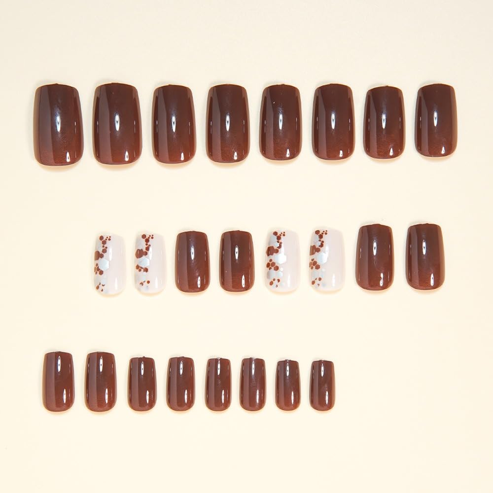 CTTHNBD Square Press on Nails Short - Brown Fake Nails with Silver Sequins Design - Glossy Full Cover Stick on False Nails for Women - 24 Pcs Beauty and Personal Care CTTHNBD