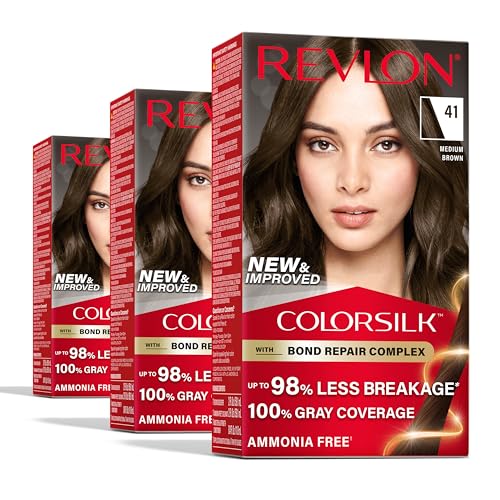 Revlon ColorSilk with Bond Repair Complex, Brown Permanent Hair Color, 100% Gray Coverage, Ammonia Free Hair Dye, Vegan Keratin, 41 Medium Brown (Pack Beauty & Personal Care REVLON