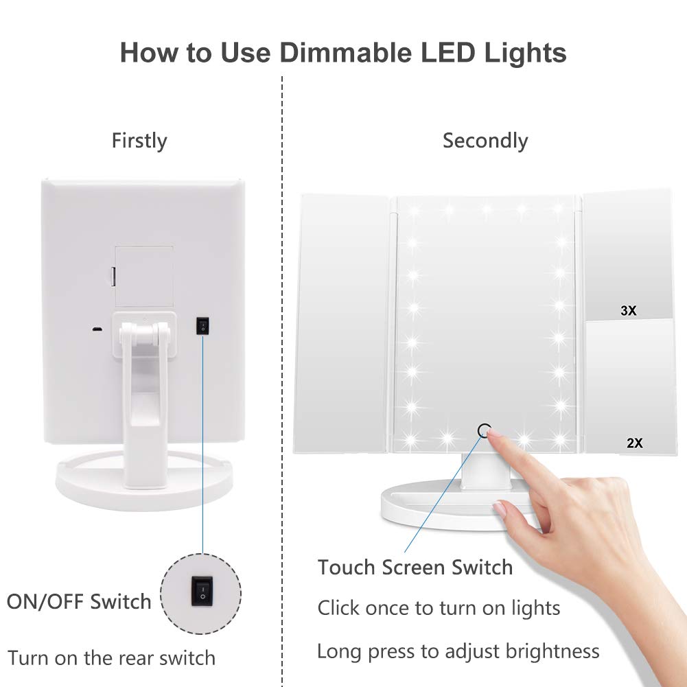 WEILY Makeup Mirror with 21 LED Lights,Two Power Supply Modes, Adjustable Touch Screen and 1x/2x/3x Magnification Tri-Fold Vanity Mirror,Chargeable Beauty & Personal Care WEILY