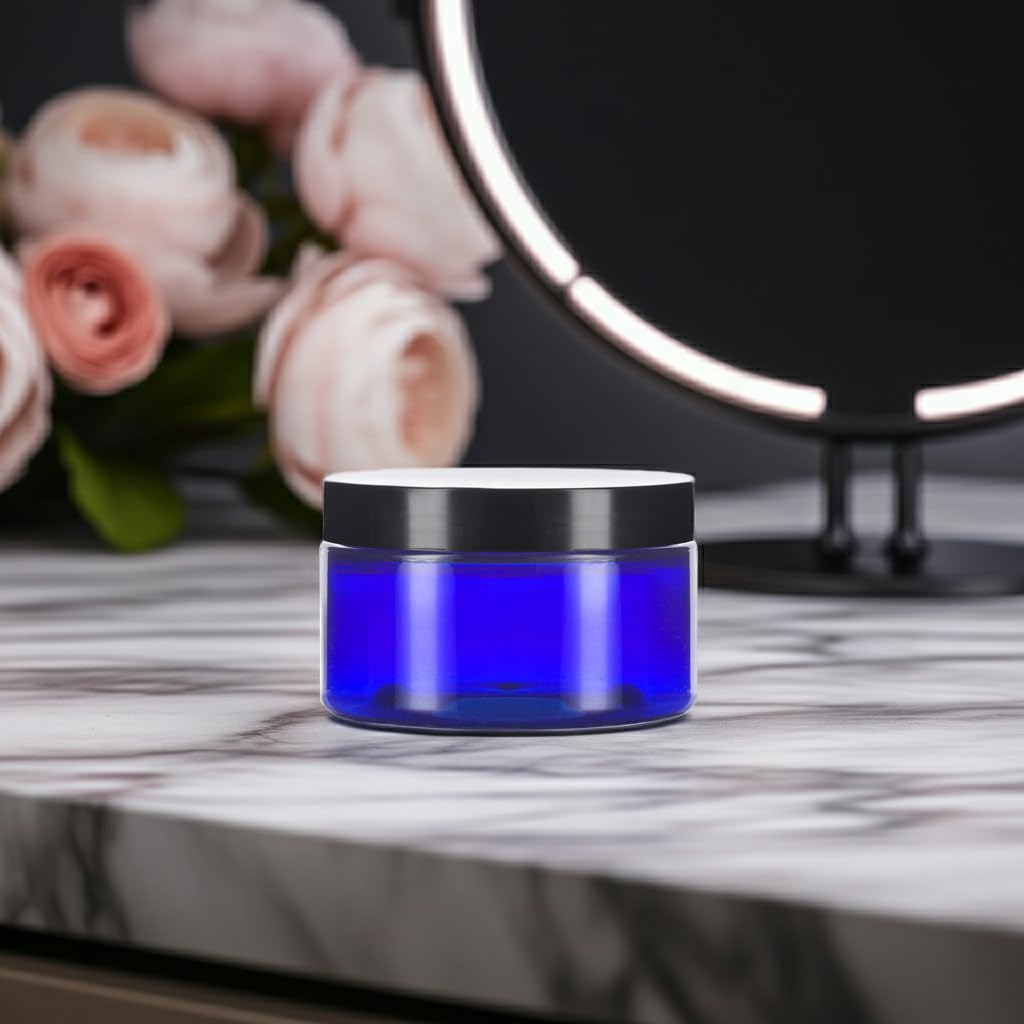 2 oz Cobalt Blue Heavy Wall Plastic Refillable Low Profile Jar with Black Lid (6 pack) Beauty & Personal Care JUVITUS