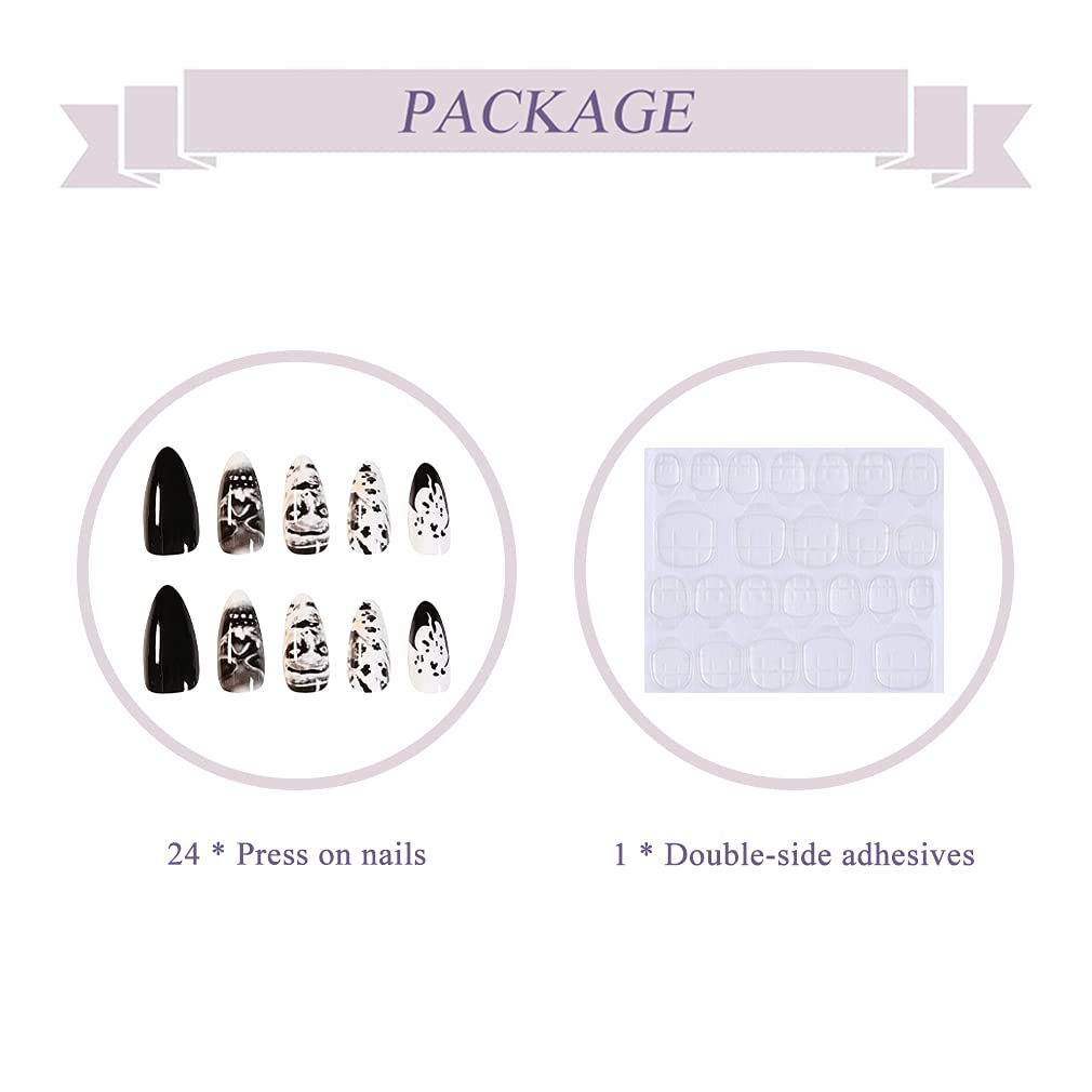 BABALAL 24Pcs Medium Stiletto Fake Nails Black Skull False Nails Punk Full Cover Artificial Halloween Press on Nails Almond Acrylic Nails for Women Beauty & Personal Care BABALAL