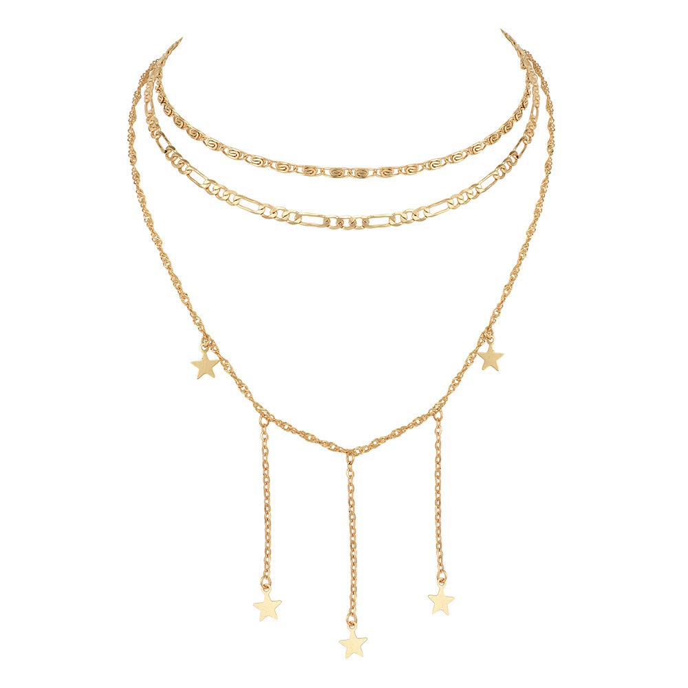 DoubleNine Star Pendant Layering Necklaces Tassels Charm 2 Way Choker Gold Sequins Chic Dainty Jewelry Accessories for Bridesmaid Women Girl set of 2 Beauty & Personal Care Doubnine