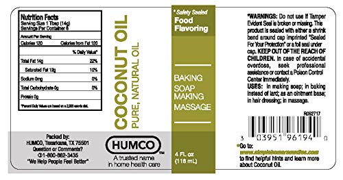 Pure Coconut Oil, 4oz. 100 Pure and Natural Oil. Skin Care. Soap Making. Baking. Beauty & Personal Care Humco