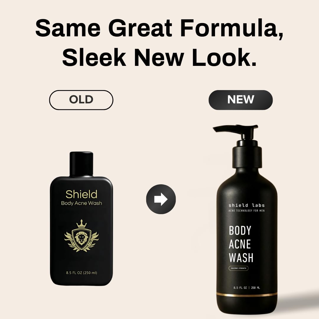 Shield Men's Acne Body Wash for Back, Chest & Shoulders - 4% Benzoyl Peroxide Body Wash, Clears Breakouts & Acne Scars - Unscented with Niacinamide Beauty & Personal Care Shield