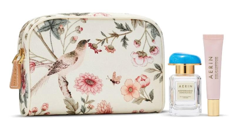 AERIN Mediterranean Honeysuckle Essentials Gift Set.- Eau de Parfum 1 fl oz / 30 ml, Rose Lip Conditioner full-size and Canvas Cosmetic Bag Beauty & Personal Care AERIN
