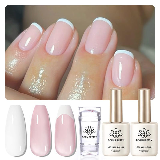 Born Pretty French Manicure Kit, Nail Stamper and 2Pcs Gel Nail Polish, Include Jelly Milky Pink White Colors for French Tip, U V Light Cure Beauty and Personal Care Born Pretty Default Title