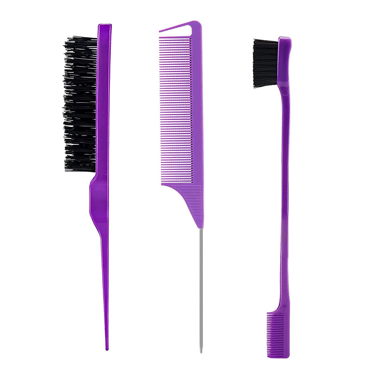 3 Pieces Hair Styling Comb Set Teasing Brush Rat Tail Comb Edge Brush for Edge&Back Brushing, Combing, Slicking Hair for Women (Purple) Beauty & Personal Care Goiple