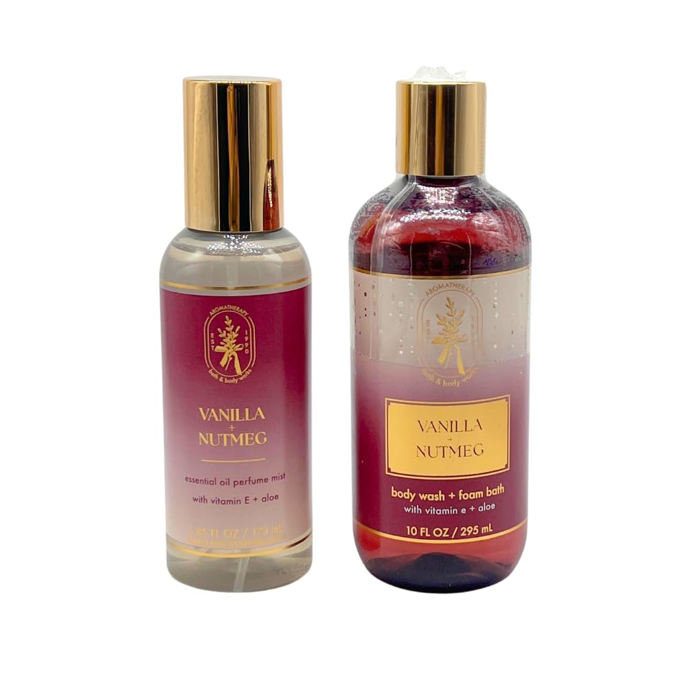 Bath & Body Works Aromatherapy Vanilla Nutmeg Essential Oil Mist and Body Wash & Foam Bath 2-piece Gift Set with a 30-inch Gold Metallic Ribbon Beauty and Personal Care Bath & Body Works
