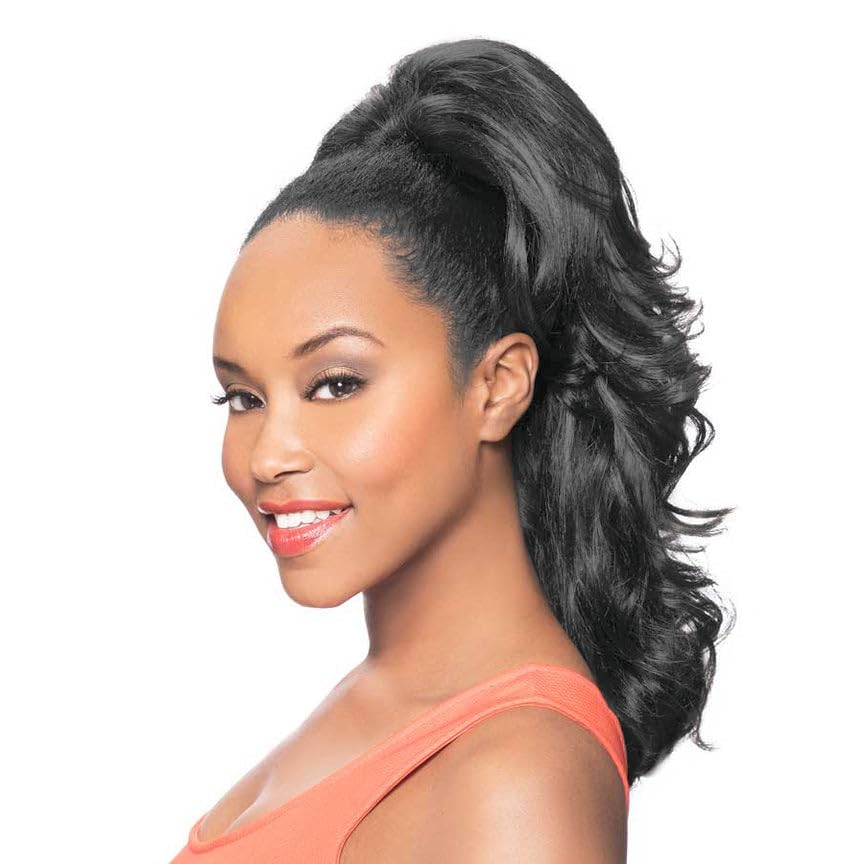 Maxwigs DS012 Ponytail Beach Waves Color 1B - Foxy Silver Wigs 18" Length Wavy Drawstring Updo Style Hairpiece Extension Synthetic Black Grey Full Bun