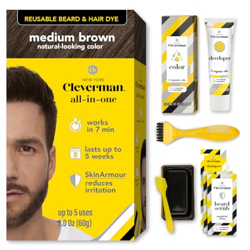 Reusable Hair & Beard Dye for Men - Medium Brown | Up to 5 Uses, 7 Minutes | Natural Gray Coverage, No-Drip Cream with SkinArmour - Cleverman Beauty & Personal Care CLEVERMAN
