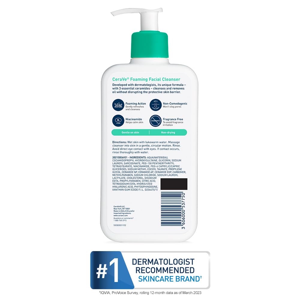 CeraVe Foaming Facial Cleanser, Daily Face Wash for Oily Skin with Hyaluronic Acid, Ceramides, and Niacinamide, Fragrance Free Paraben Free, 12 Fluid Beauty & Personal Care CeraVe