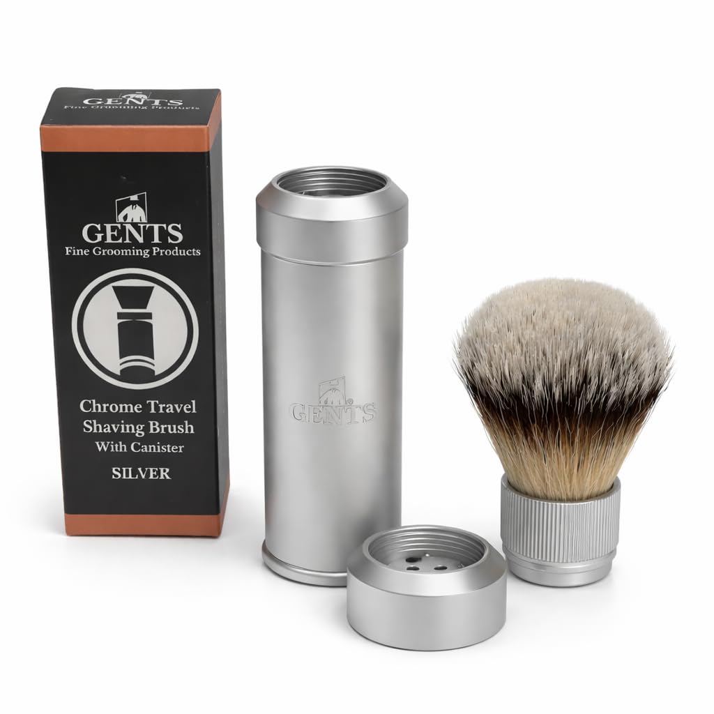GENTS Travel Shaving Brush with Collapsible Canister - Synthetic Bristles, Compact Portable Wet Shaving Brush for Men, Chrome-Style Travel Grooming Beauty and Personal Care G.B.S