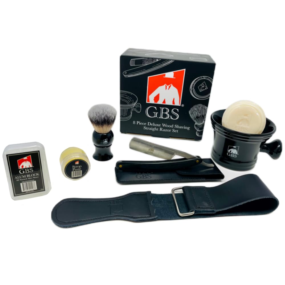 G.B.S Black Luxury Shaving Kit - Wood Straight Razor, Mug, Natural Soap, Brush, Alum block, Strop and Paste Grooming Kit, Black Beauty and Personal Care G.B.S