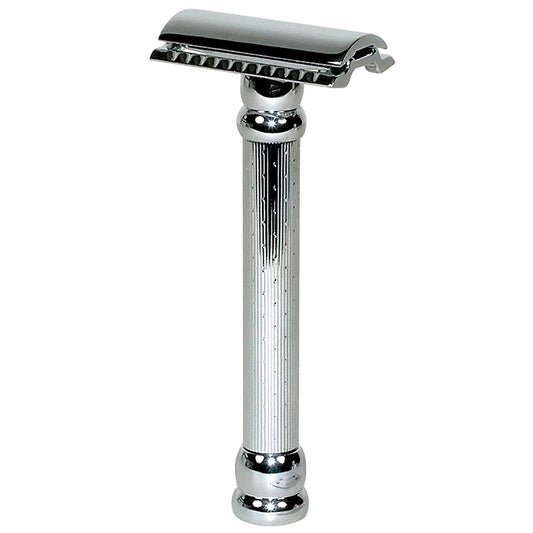 MERKUR 47C Double Edge Safety Razor - Long Handle Three-Piece Straight Cut Razor, Bright Chrome Finish, Engine-Turned Grip, Smooth Shave, Designed Beauty and Personal Care MERKUR