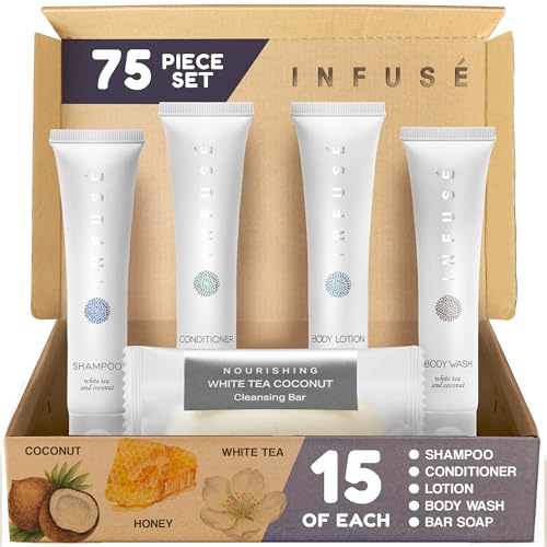 Infuse Pure White Tea and Coconut All-In-Kit Hotel Soaps and Toiletries Bulk Set | 1oz Shampoo & Conditioner, Body Wash, Lotion & 1.25oz Bar Soap | Beauty & Personal Care Terra Pure