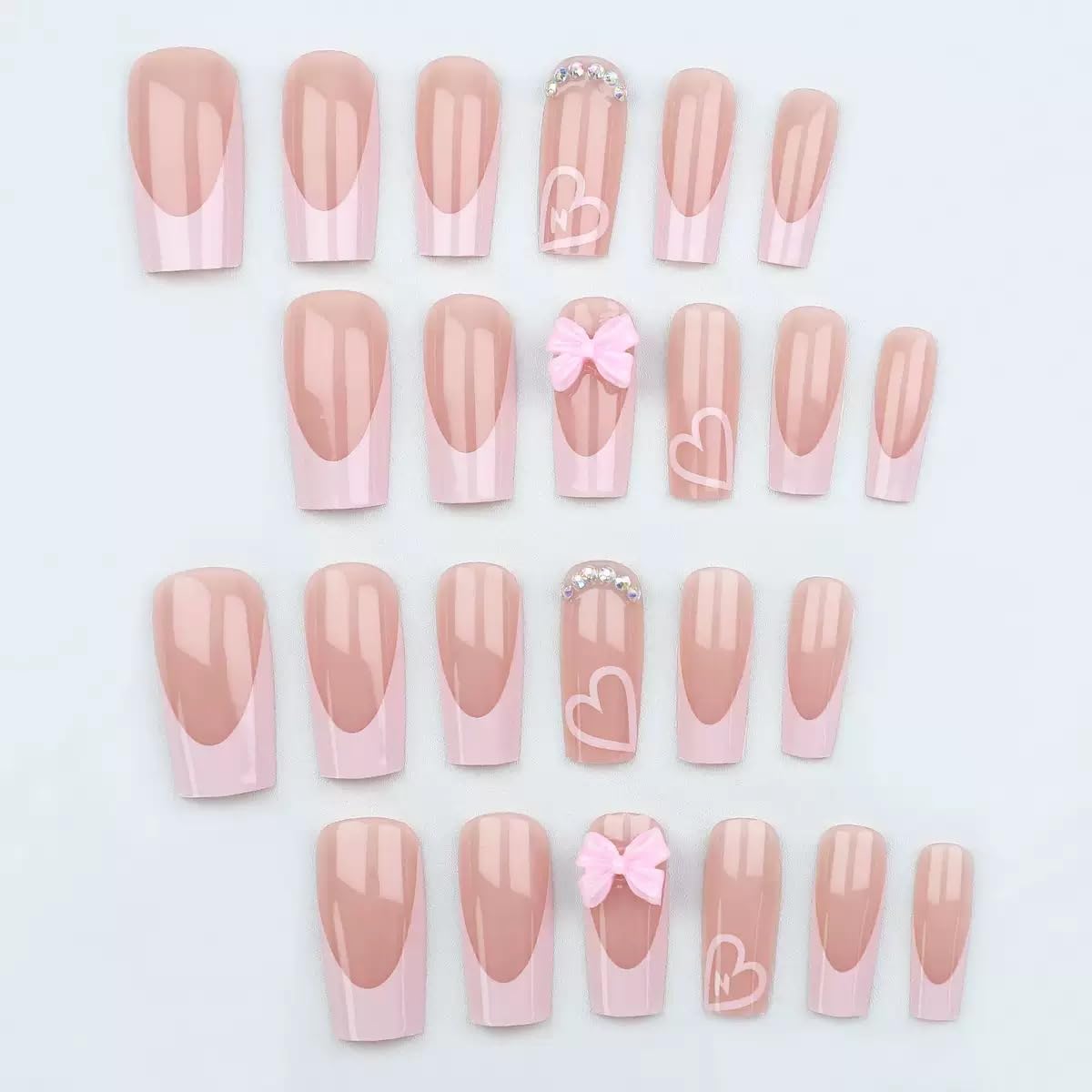 CTTHNBD Medium Press on Nails Coffin - Pink French Tip Fake Nails, Heart, Rhinestone Beauty and Personal Care CTTHNBD