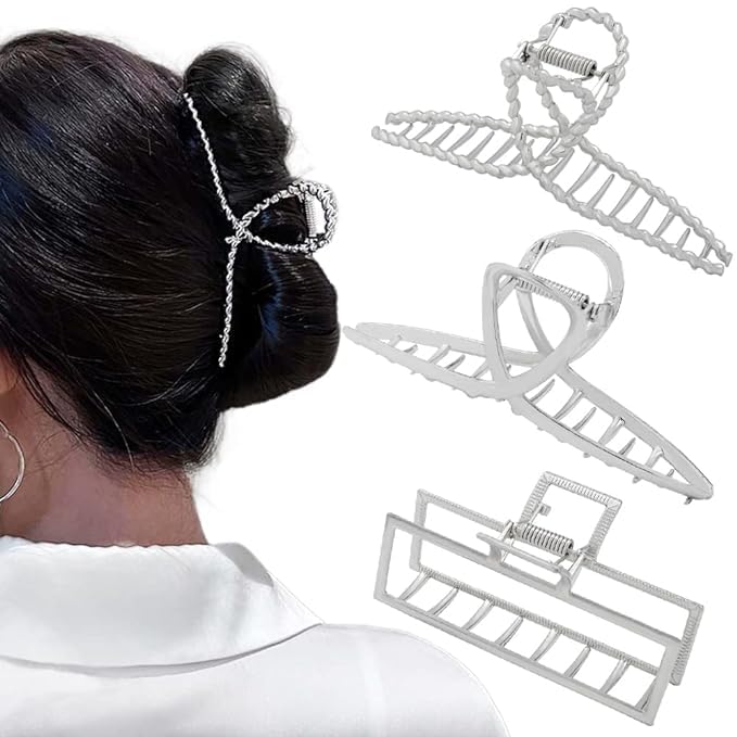3pcs Hair Claw clips for Women, Metal Silver Large Hair clips for Thick Thin Hair, Geometric Cross Square Jumbo Catch Barrette Clamps, Fashion Hair Beauty & Personal Care RAUIMOUR