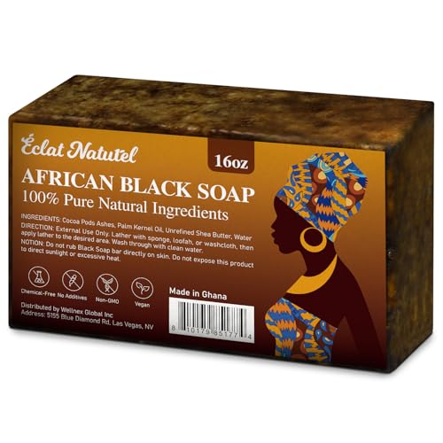 ÉCLAT NATUREL African Black Soap, 100% Pure & Natural, With Raw Shea Butter, Palm Kernel Oil and Cocoa Pods Ash for Dry & Oily Skin Care, Supports Beauty & Personal Care ÉCLAT NATUREL