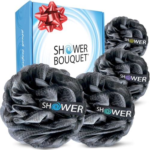 SHOWER BOUQUET Loofah-Charcoal Bath-Sponge-4-Pack // Extra-Large 75g Soft Mesh Black Loofa Lufa Loufa Luffa Puff Set/Exfoliating Body Scrubber Beauty & Personal Care Shower Bouquet