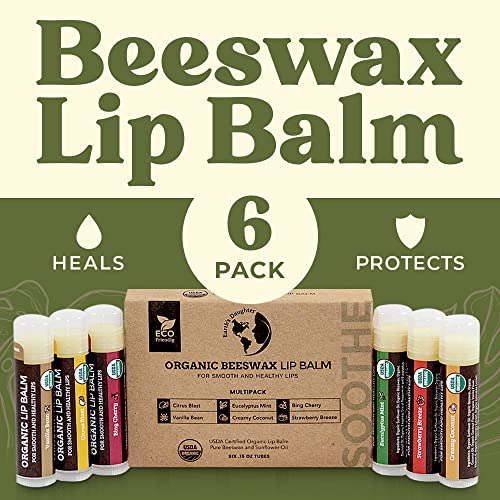 Earth's Daughter USDA Organic Lip Balm 6-Pack - Fruit Flavors, Beeswax, Coconut Oil, Vitamin E - Best Lip Repair Chapstick for Dry Cracked Lips Beauty & Personal Care Earth's Daughter