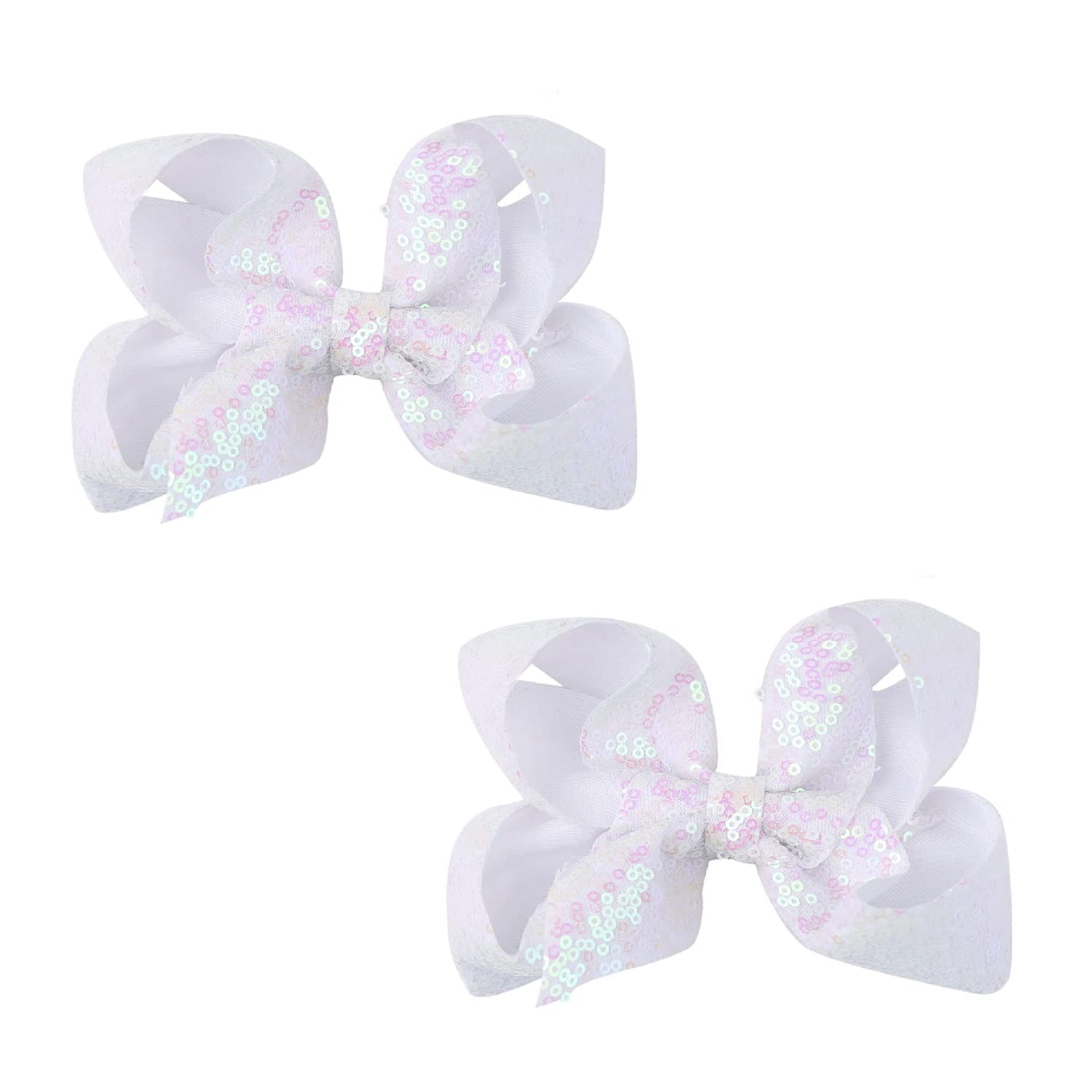 AMYDECOR 6 Inch White Sparkly Glitter Sequin Hair Bows for Girls Toddlers Kids Children Teenage (2PCS) Beauty & Personal Care AMYDECOR