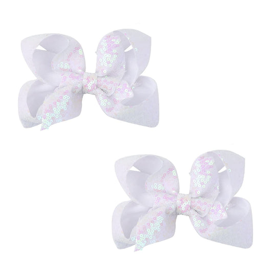 AMYDECOR 6 Inch White Sparkly Glitter Sequin Hair Bows for Girls Toddlers Kids Children Teenage (2PCS) Beauty & Personal Care AMYDECOR