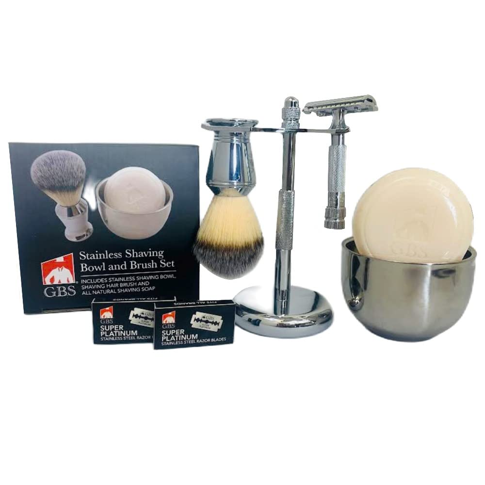 G.B.S Men's Shaving Set With Classic 178 Safety Razor, Shaving Brush Chrome Handle, Stainless Steel Brush Razor Stand, Shaving Bowl With Soap Grooming Beauty and Personal Care G.B.S