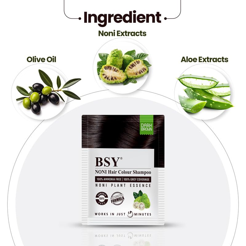 BSY Noni Dark Brown Hair Color Shampoo, Hair Dye, Hair Color Shampoo, 20mlx10 Sachets (Dark Brown, 20mlx10) Beauty & Personal Care BSY Noni Black Hair Magic
