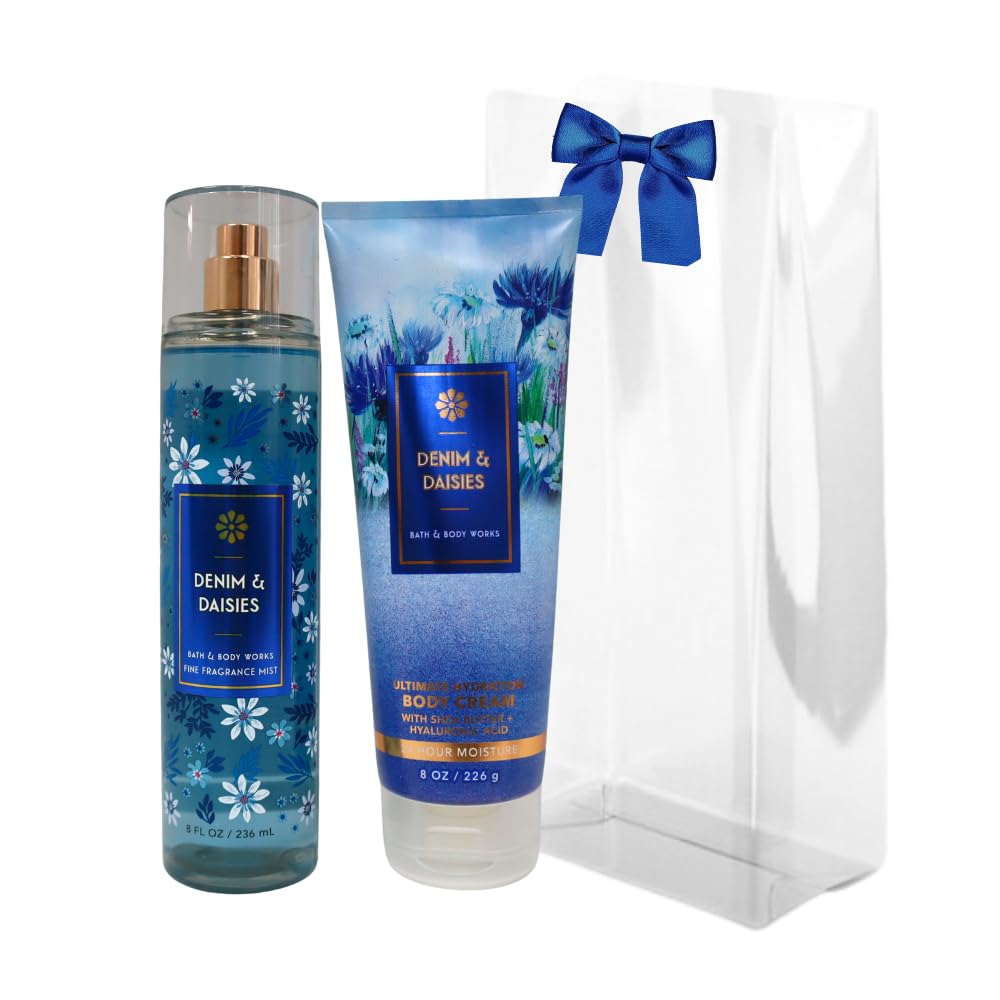 Bath & Body Works DENIM & DAISIES Mist & Body Cream 2-piece Gift Set with a Blue Bow for Holidays & Gifts Beauty and Personal Care Bath & Body Works