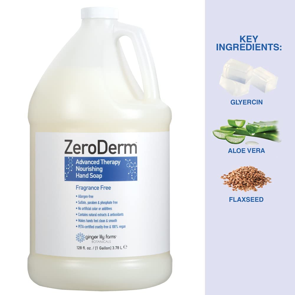 Ginger Lily Farms Botanicals ZeroDerm Advanced Therapy Nourishing Liquid Hand Soap Refill, 100% Vegan & Cruelty Free, Fragrance Free, 1 Gallon (Pack Beauty & Personal Care Ginger Lily Farms