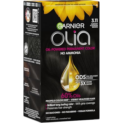 Garnier Olia Hair Color, Ammonia-Free Permanent Hair Dye, Oil-Powered Formula for 100% Gray Coverage and 3x Shinier Hair, Vegan & Cruelty Free, 3.11