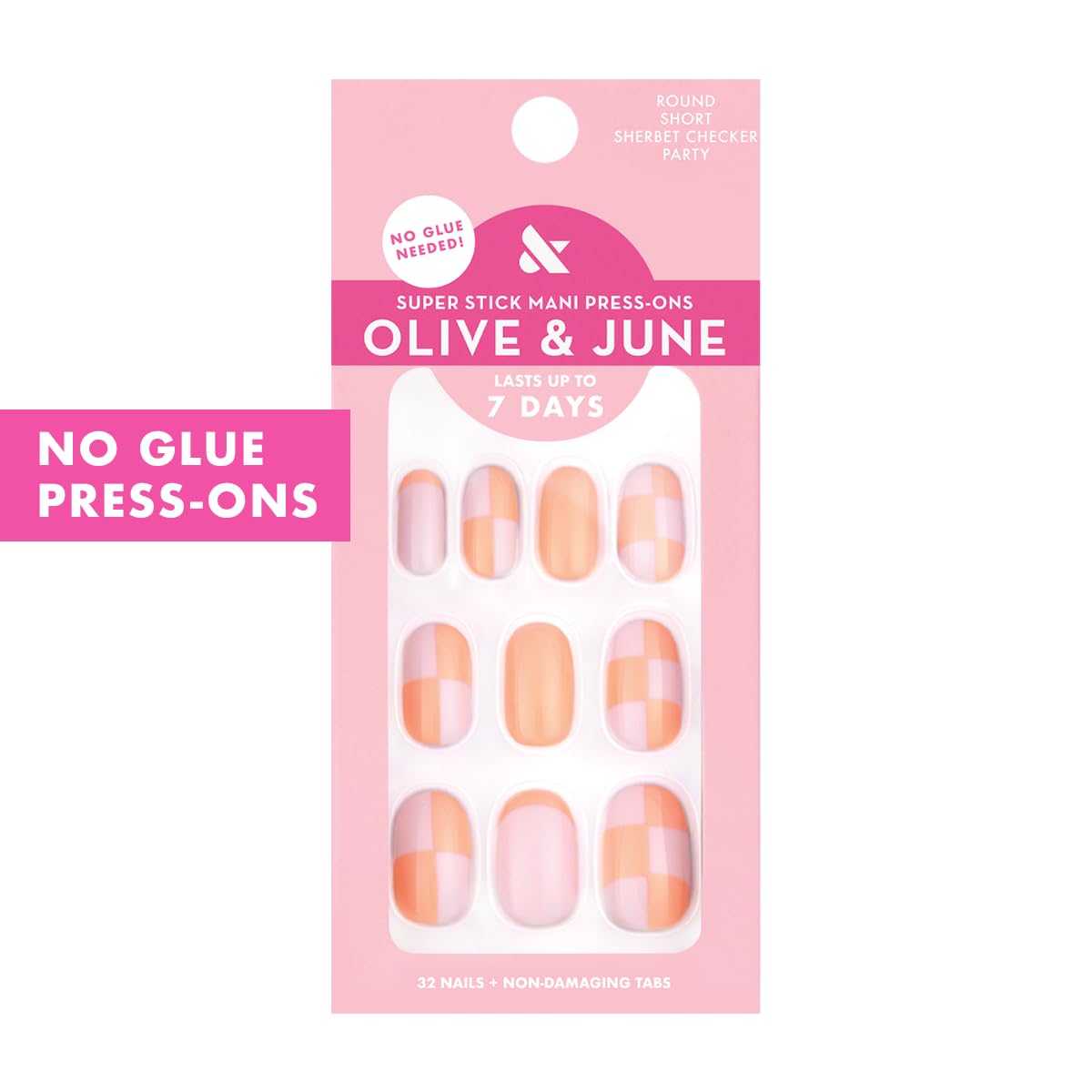 Olive & June Super Stick Press-On Nails, Sherbert Checker Party