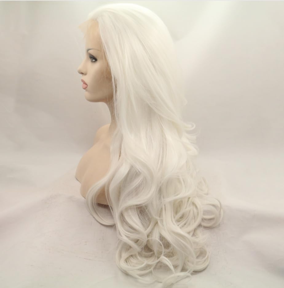 xiweiya 60# Platinum Blonde Wavy Lace Front Wig Long White Blonde Wavy Curly Synthetic Lace Front Wig White Queen Wig 13x3 Lace Wig Heat Resistant