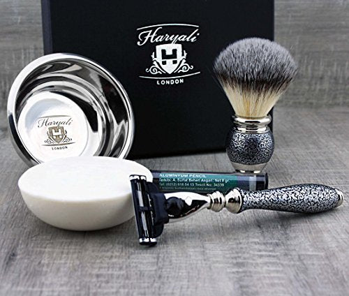 Classic Antique Look Shaving & Grooming Set in Silver for Men >Synthetic Brush,Triple Edge Cartridge Compatible, Engraved Bowl & Soap - Gift for Him Beauty and Personal Care Haryali London