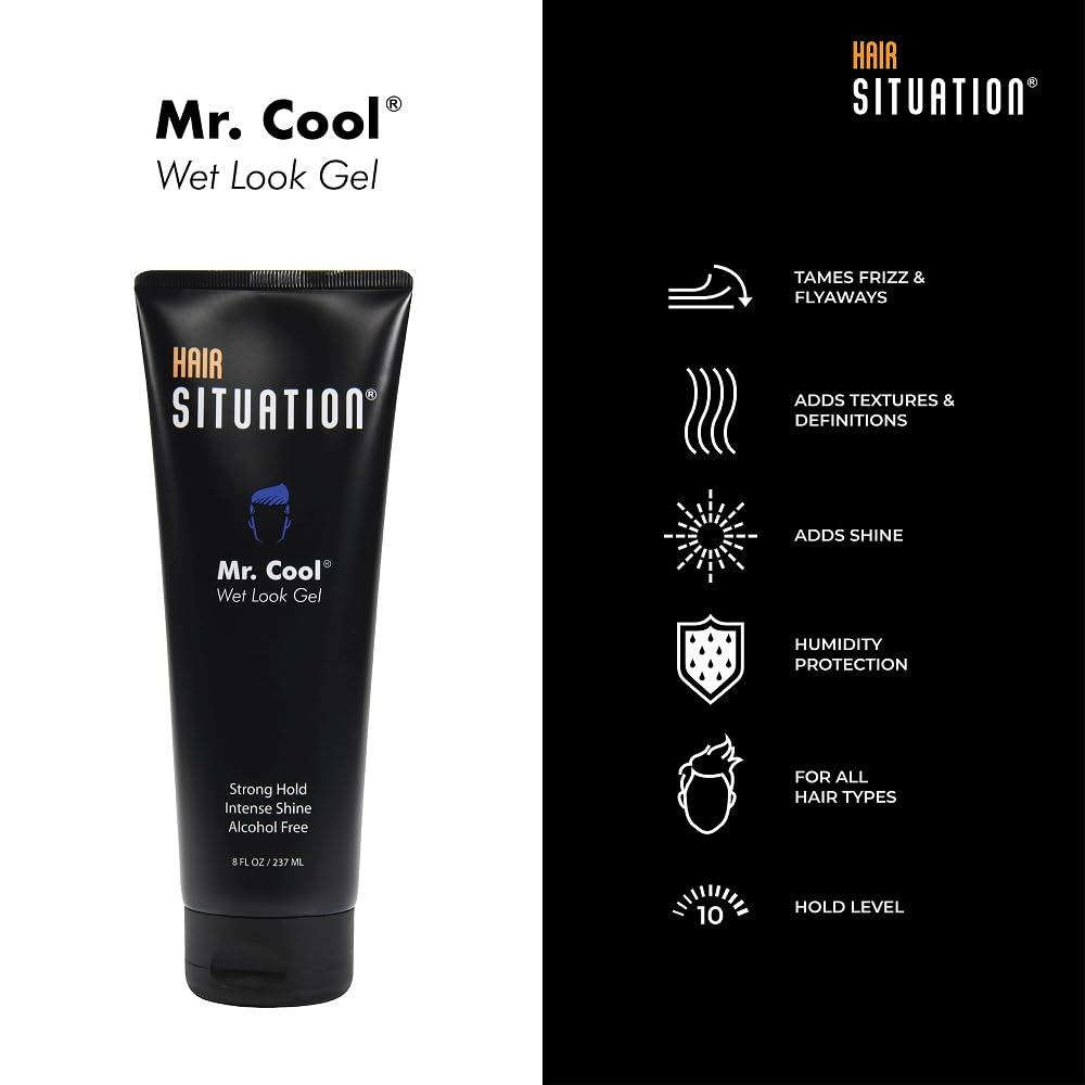 Hair Situation Mr. Cool Wet Look Strong Hold Hair Styling Hair Gel, High Shine, Anti-Humidity Shield, Anti-Frizz Fly Away, Alcohol-Free, No Flake Beauty & Personal Care Hair Situation