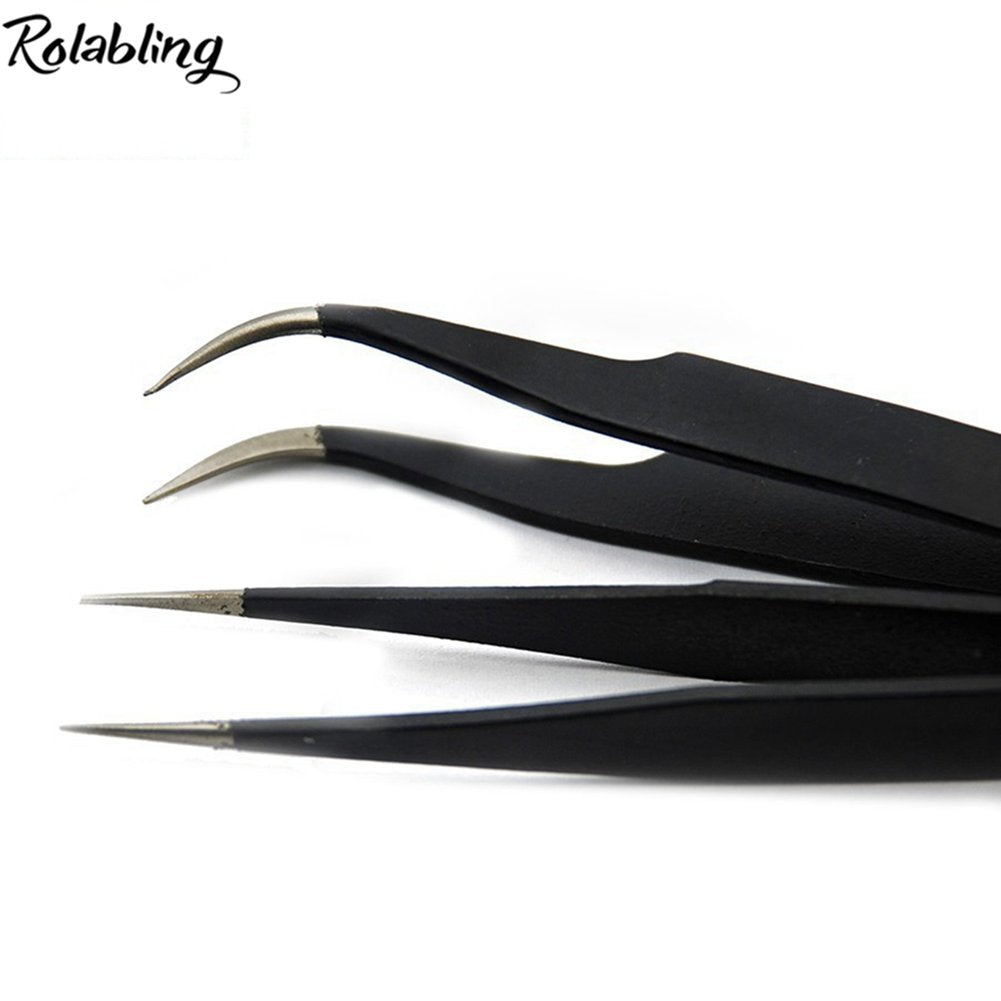 Rolabling 2Pcs Elbow and Straight Black Nail Tweezers Rhinestone Picker Stainless Steel Nippers for Eyelash Extensions and Nail Art Sticker Rhinestone Beauty and Personal Care Rolabling