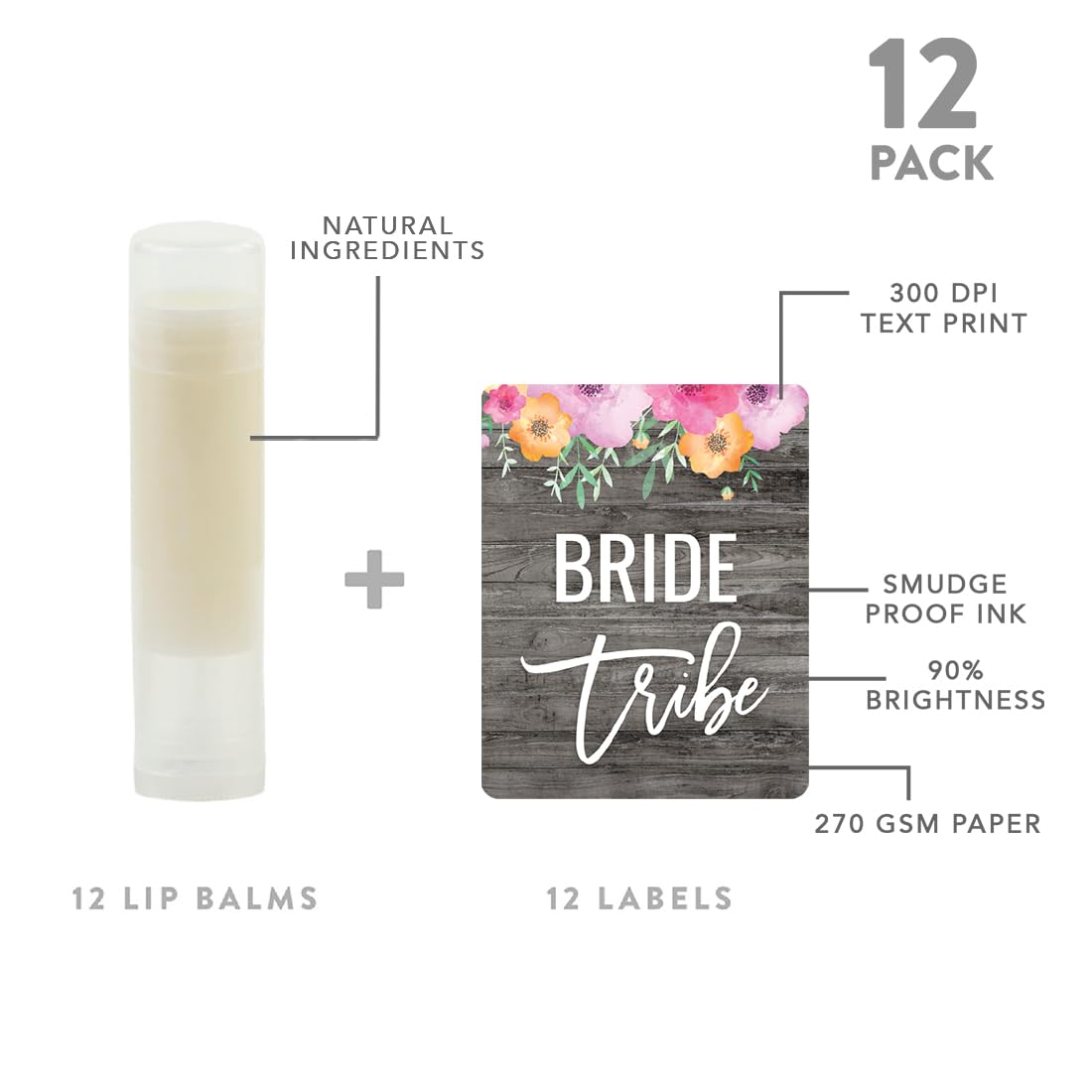 Andaz Press Bridal Shower Bachelorette Party Lip Balm Party Favors, Florals On Gray Rustic Wood, Bride Tribe, Bridesmaid Lip Gloss 12-Pack Lip Balm Beauty & Personal Care Andaz Press